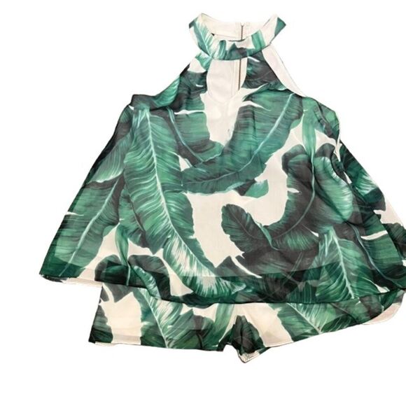 Judith March Short Romper Palm Print Flowy Split Back - Picture 4 of 16